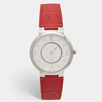 Pre Owned Louis Vuitton Silver Diamonds Stainless Steel Alligator Tambour Q1E01 Women's Wristwatch 39 mm