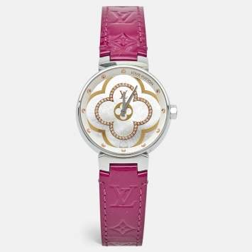 Pre Owned  Louis Vuitton Mother of Pearl Diamond Stainless Steel Leather Tambour QA019 Women's Wristwatch 35mm   