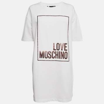 Pre Owned Love Moschino White Logo Embellished Cotton Knit Mini Dress M