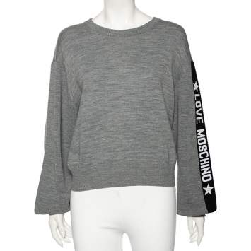 Pre Owned Love Moschino Grey Wool Logo Stripe Detail Sweater L