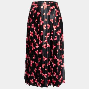 Pre Owned Love Moschino Black Bow Printed Satin Pleated Skirt S