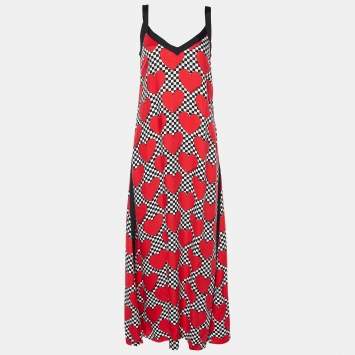 Pre Owned Love Moschino Red Love & Checkered Printed Maxi Dress S