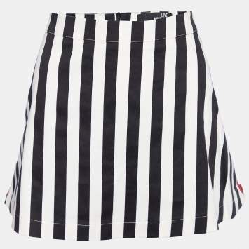 Pre Owned Love Moschino Black & White Striped Cotton Contrast Zip Detail Mini Skirt M