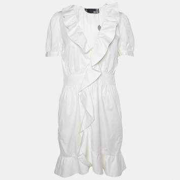 Pre Owned Love Moschino White Cotton Ruffle Detail Knee Length Dress M