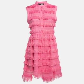 Pre Owned Love Moschino Pink Cotton Fringed Detail Shirt Dress M