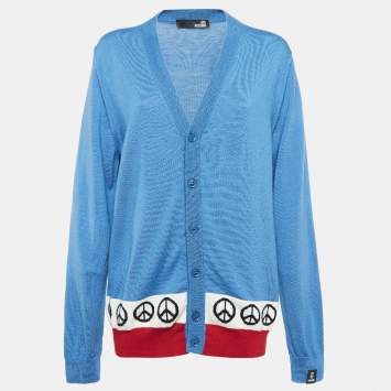 Pre Owned Love Moschino Blue Intarsia Knit Front Button Cardigan L