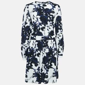 Pre Owned Love Moschino White Rose Print Textured Crepe Short Dress M