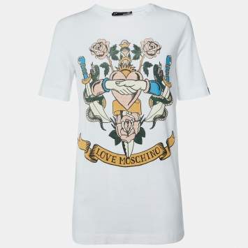 Pre Owned Love Moschino White Printed Cotton Crew Neck T-Shirt S