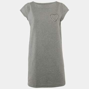 Pre Owned Love Moschino Grey Logo Embellished Cotton Knit Mini Dress M