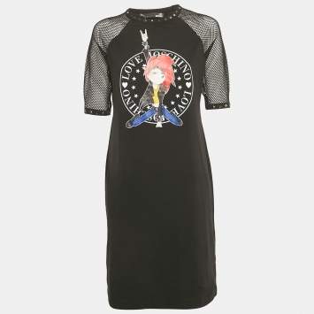 Pre Owned Love Moschino Black Printed Mesh and Jersey T-Shirt Dress M