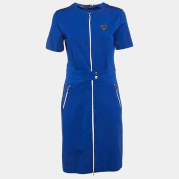 Pre Owned Love Moschino Blue Logo Plaque Jersey Zipper Detail Mini Dress M