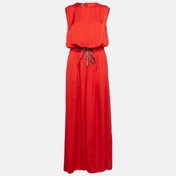 Pre Owned Love Moschino Red Satin Silk Waist Tie-Up Sleeveless Maxi Dress M