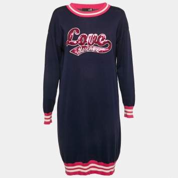 Pre Owned Love Moschino Navy Blue Sequin Embroidery Cotton Sweater Dress S