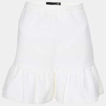 Pre Owned Love Moschino White Textured Cotton Pleated Bottom Mini Skirt M