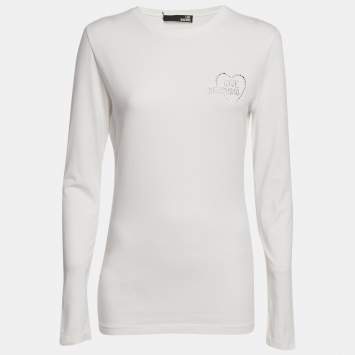 Pre Owned Love Moschino White Logo Rhinestone Jersey Long Sleeve T-Shirt M
