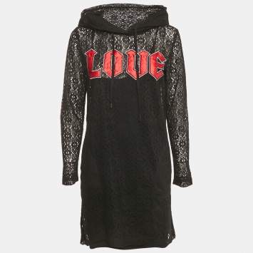 Pre Owned Love Mocshino Black Love Applique Mesh Hooded Dress M