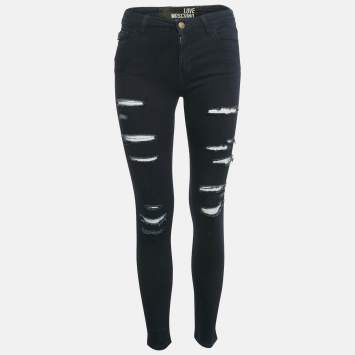 Pre Owned Love Moschino Dark Blue Distressed Denim Skinny Jeans S Waist 26"