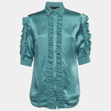 مملوكة مسبقًا قميص لوف موسكينو حرير أزرق بكشكش مقاس صغير (سمول)