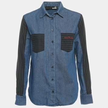 مملوكة مسبقًا قميص دنيم مخطط أزرق بأزرار لوف موسكينو مقاس صغير