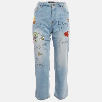Pre Owned Love Moschino Blue Embroidered Denim Jeans S Waist 30"
