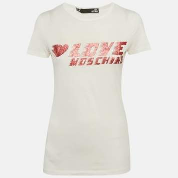 مملوكة مسبقًا Love Moschino White Glitter Logo Printed Cotton Knit T-Shirt S