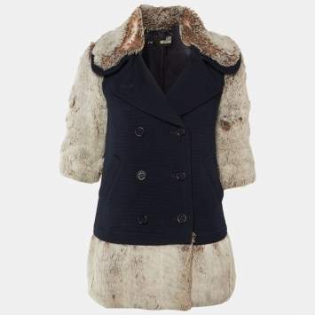 مملوكة مسبقًا Love Moschino Navy Blue Wool Faux Fur Detail Double Breasted Coat S