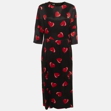 Pre Owned Love Moschino Black Heart Print Satin Flared Midi Dress L