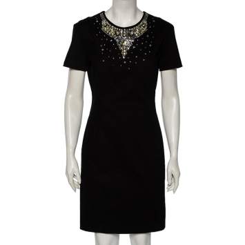 Pre Owned Love Moschino Black Cotton & Embellished Neck Detailed Dress M