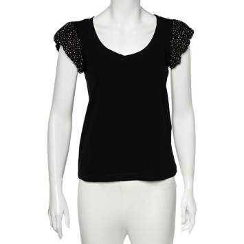 Pre Owned Love Moschino Black Cotton Knit Embellished Puff Sleeve T-Shirt M