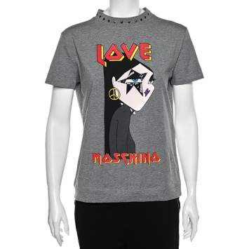 Pre Owned Love Moschino Grey Cotton Knit Logo Printed T-Shirt L
