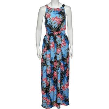 Pre Owned Love Moschino Blue Floral Printed Crepe Sleeveless Maxi Dress M