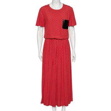 Pre Owned Love Moschino Red Polka Dotted Crepe & Leather Pocket Detailed Maxi Dress S 