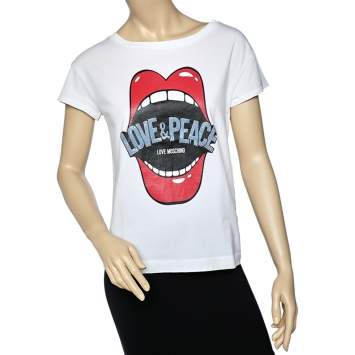 Pre Owned Love Moschino White Mouth Printed Love & Peace Embellished Cotton T-Shirt M