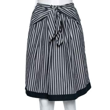 Pre Owned Love Moschino Grey Striped Cotton Front Tie Detailed Knee Length Skirt M