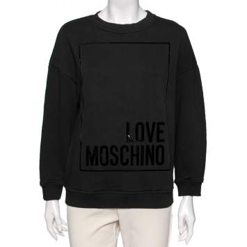 Pre Owned Love Moschino Black Cotton Logo Appliqued Sweatshirt S