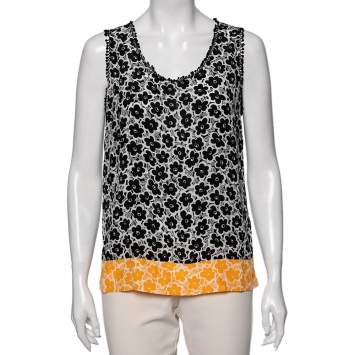 Pre Owned Love Moschino White Floral Printed Silk Embroidered Trim Top M