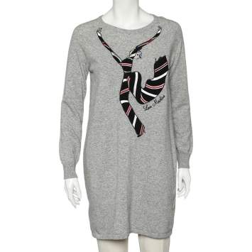 Pre Owned Love Moschino Grey Wool Appliqué Detail Sweater Dress M