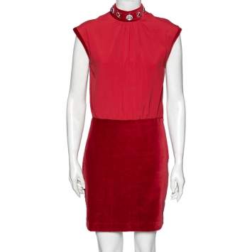 Pre Owned Love Moschino Red Chiffon & velvet Paneled Embellished Detail Sleeveless Sheath Dress M