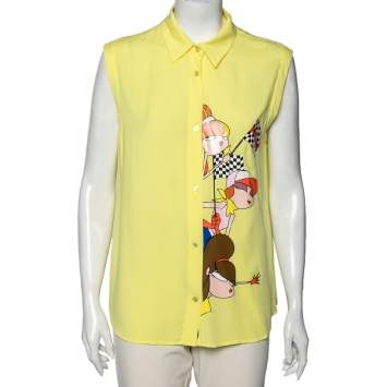 Pre Owned Love Moschino Yellow Printed Sleeveless Shirt L