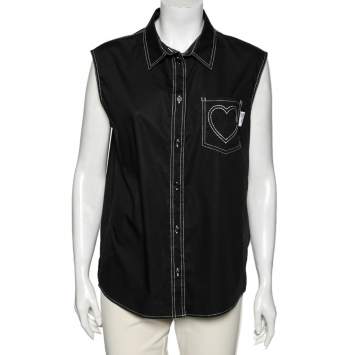 Pre Owned Love Moschino Black Cotton Heart Embroidered Sleeveless Shirt L