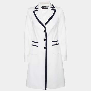Pre Owned Love Moschino White Textured Cotton Contrast Trimmed Coat M