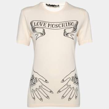 Pre Owned Love Moschino Cream Logo Printed Jersey Short Sleeve T-Shirt M