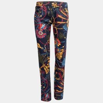 Pre Owned Love Moschino Navy Blue Printed Cotton Skinny Leg Pants M