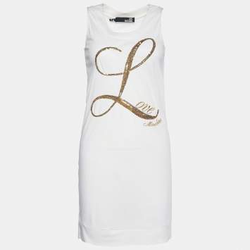 Pre Owned Love Moschino Off-White Sequined Logo Jersey Sleeveless Dress S