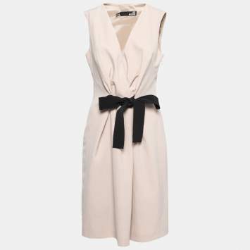 Pre Owned Love Moschino Beige Linen Bow Pleated Sleeveless Dress L