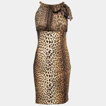 Pre Owned Love Moschino Brown Leopard Print Silk & Cotton Mini Dress M