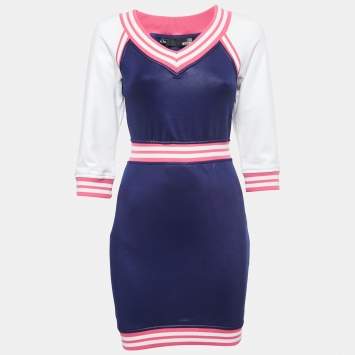 Pre Owned Love Moschino Blue Jersey Contrast Rib Trim Mini Dress S