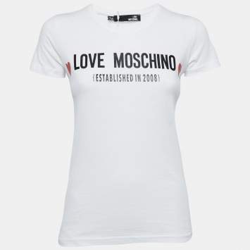 Pre Owned Love Moschino White Logo Printed Cotton Short Sleeve T-Shirt S
