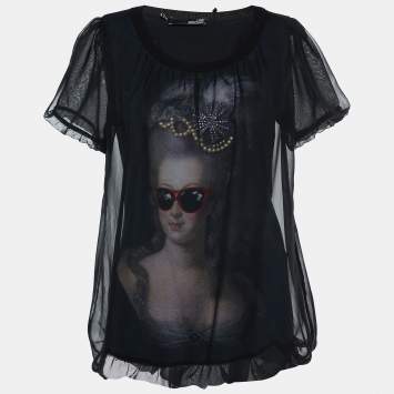 Pre Owned Love Moschino Black Printed Cotton Knit Chiffon Overlay T-Shirt M
