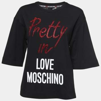 Pre Owned Love Moschino Black Logo Print Cotton Embellished T-Shirt S